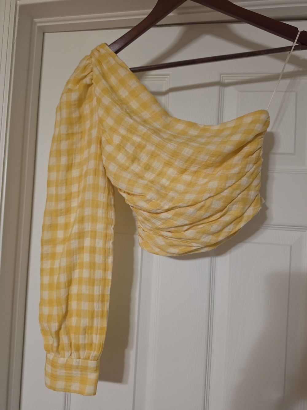 Zara Yellow and White Gingham One-Shoulder Crop Top